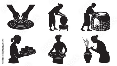 Set of pottery making process icons silhouette vector illustration of artisan craft activities isolated on white background