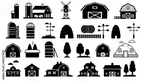 Charming farm and barn icons for rural designs featuring silhouettes of silos and windmills