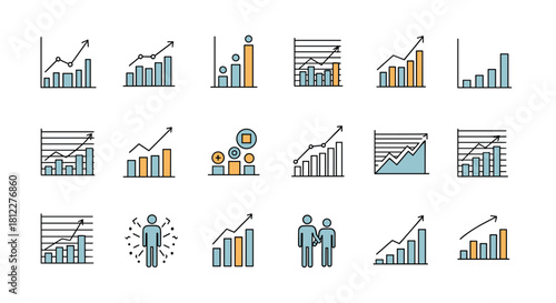 Large collection of colorful line icons depicting various bar charts and graphs showing business growth and data analysis trends.
