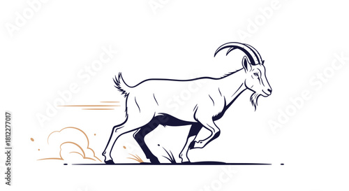 A dynamic black and white line art illustration of a goat running quickly and kicking up dust on a white background.