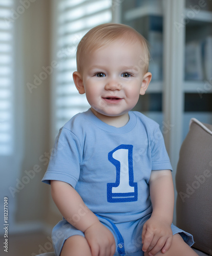 Smiling Baby Boy Wearing Blue Number One Shirt
