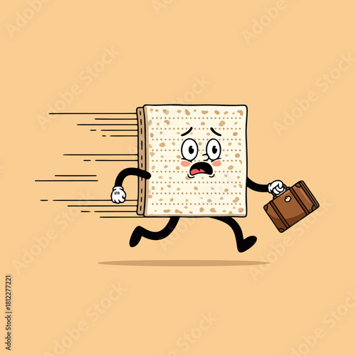 Running Matzah cracker cartoon character with briefcase