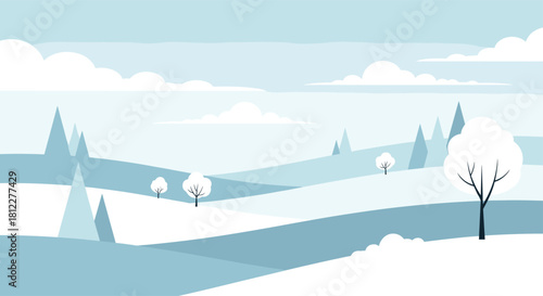A peaceful and minimalist winter landscape scene with rolling snow-covered hills and trees under a cloudy sky in blue tones.