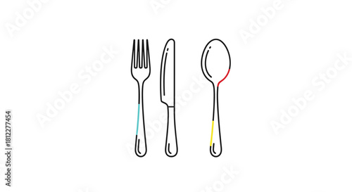 Minimalist line art icon of a fork knife and spoon cutlery set with small colorful accents on the handles for a restaurant menu.