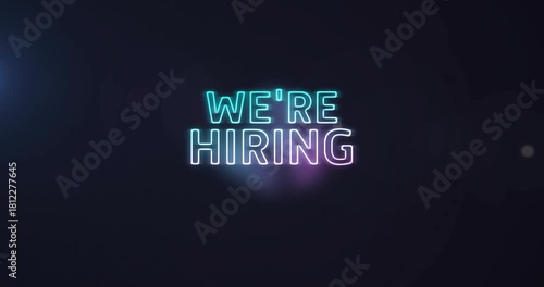 Neon 'WE'RE HIRING' drawing faint embossed outline and announcing hiring, glowing cyan purple bloom