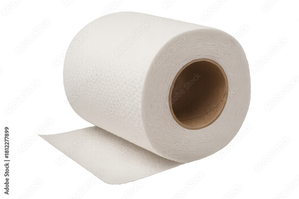 Fototapeta premium White roll of toilet paper unwinding, showing textured tissue surface, a common household hygiene item on transparent background