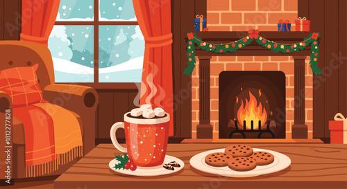 Cozy winter scene with warm fireplace, hot chocolate, and sweet cookies evokes feelings of holiday cheer and relaxation during the holidays