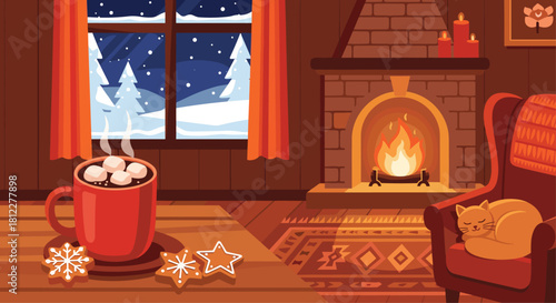 Cozy winter night indoors with hot chocolate, gingerbread cookies, and a sleeping cat by the fireplace offers ultimate relaxation vibes
