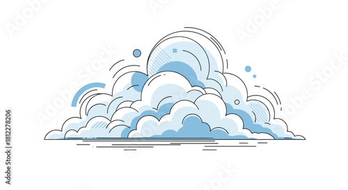 A stylized line art illustration of a large fluffy cumulus cloud with modern decorative elements isolated on white background.