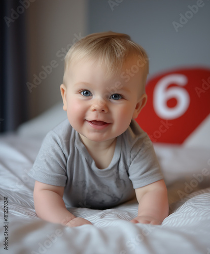 Smiling Baby Boy Wearing Cap and Number Six Background