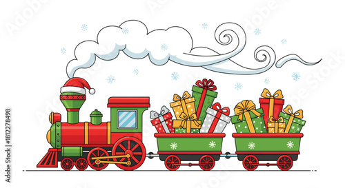 Festive Christmas train carrying colorful gift boxes, spreading holiday cheer and joy for the season with a Santa hat and snowflakes