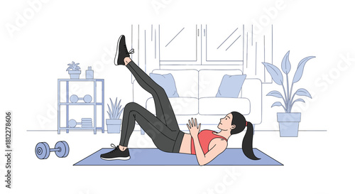 A woman is doing a single leg glute bridge exercise on a yoga mat in her living room for a home fitness routine.