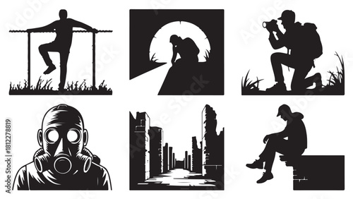 Set of silhouette vector illustrations depicting various scenarios of human survival and resilience isolated on white background