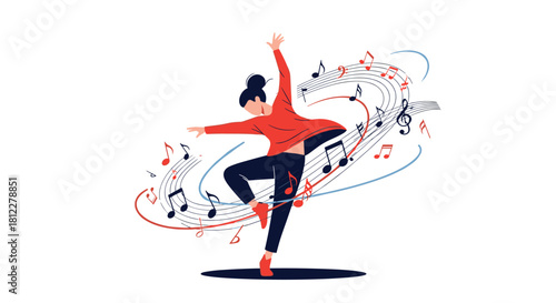 A joyful young woman is dancing freely surrounded by swirling musical notes and staves in this energetic flat illustration.