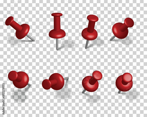 Collection of red pushpins with shadows, various angles and positions