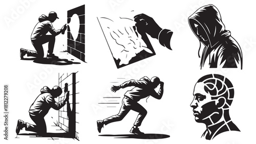 Set of vector illustrations depicting various human figures in dynamic poses black and white line art for creative projects