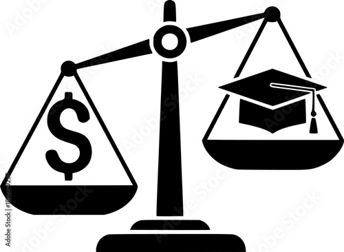 A scale with a dollar sign and an academic cap on it. The image symbolizes the balance between the cost of learning and the financial benefits of gaining knowledge.