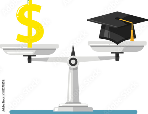 A scale with a dollar sign and an academic cap on it. The image symbolizes the balance between the cost of learning and the financial benefits of gaining knowledge.