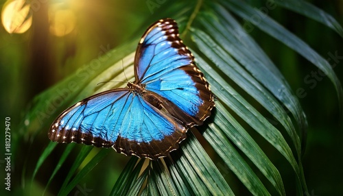 a vibrant blue morpho butterfly rests gracefully on a lush green leaf bathed in the soft sunlight filtering through a tropical forest