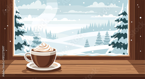 Cozy winter escape with hot chocolate and snowy window view, perfect for warm holiday feelings and seasonal promotions this festive season