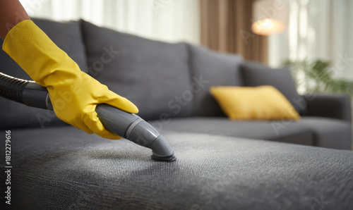 Gloved hand with vacuum cleaning couch upholstery for home hygiene routine.