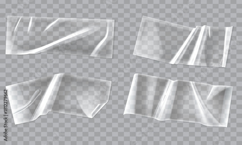 Transparent clear sticky tape pieces with wrinkles and reflections.