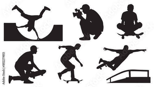 Set of skateboarder silhouettes performing tricks vector illustration of extreme sport athletes isolated on white background