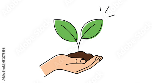 A hand is gently holding a small green sprout in soil representing new life growth and environmental conservation concepts.