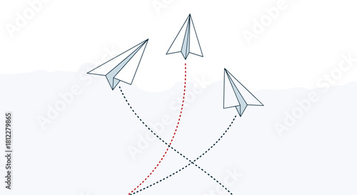 Three hand-drawn paper airplanes flying on different dotted line paths representing various strategies or individual journeys.