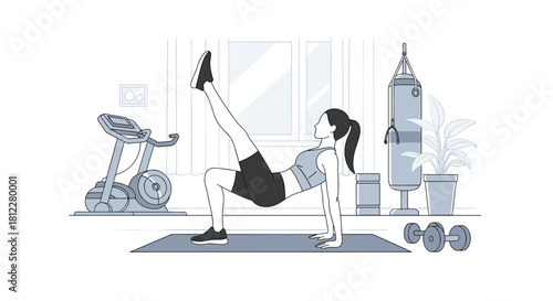 A woman is doing a crab toe touch exercise on a yoga mat in a monochrome illustration of a home gym with equipment.