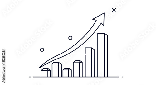 A simple black and white line art icon of a bar chart with an arrow showing a steep upward trend for business growth.