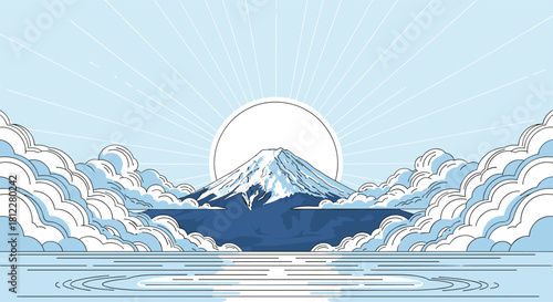 A beautiful and serene line art illustration of Japan's Mount Fuji with sun rays and clouds reflecting in the calm water.