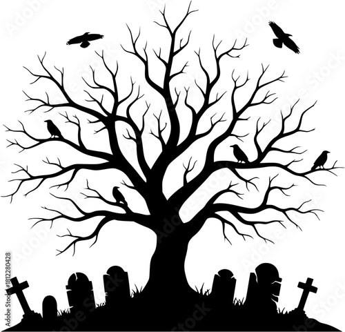Silhouette of a spooky dead tree with crows and tombstones isolated on white background
