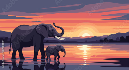 Majestic elephants walking through tranquil water at sunset creating a vibrant African wildlife scene perfect for conservation campaigns