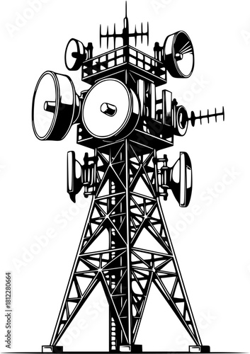 Communication tower, a structure designed to support telecommunications antennas, isolated on white background
