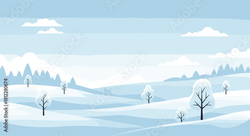 Minimalist vector illustration of a serene winter landscape with snow-covered rolling hills and bare trees under a light blue sky.