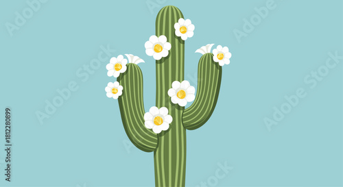 Charming flowering cactus against a vibrant blue backdrop evoking desert vibes perfect for greeting cards, invitations, and summer designs