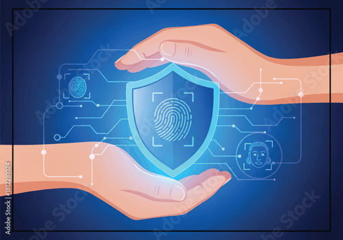 Futuristic Cybersecurity Concept with Biometric Fingerprint and Digital Shield Protection.