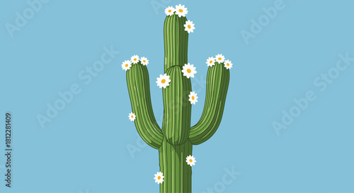 Stunning flowering cactus set against a vibrant sky blue background, ideal for desert-themed designs and southwestern style promotions