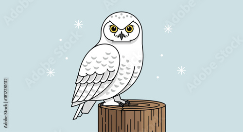 Charming snowy owl with piercing yellow eyes perched on a stump in a whimsical winter scene, perfect for holiday projects and magical illustrations