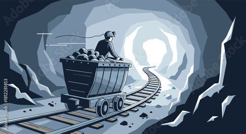 Stylized vector illustration of a coal miner pushing a heavy minecart along tracks inside a dark and rocky underground tunnel.