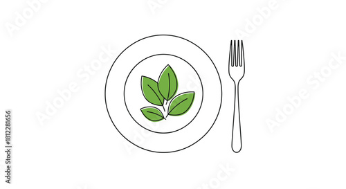 Simple line art illustration of a healthy meal with fresh green leaves on a plate next to a fork representing vegan or vegetarian food.