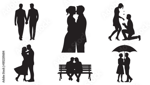 Set of romantic couple silhouette icons vector illustration of people in love perfect for wedding and relationship designs