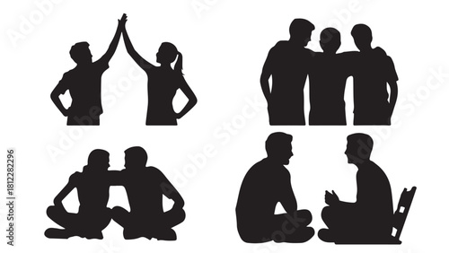 Silhouette vector set of friends diverse group of people in various poses concept for teamwork and friendship