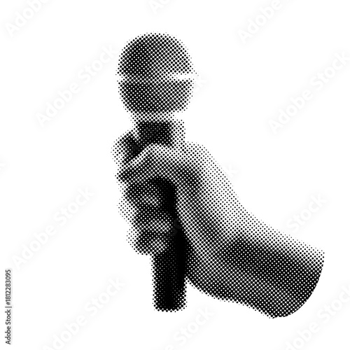 Hand holding a microphone in halftone texture