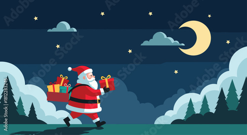 Festive Santa Claus delivering Christmas gifts under the moonlight through a snowy forest on Christmas Eve spreading holiday cheer