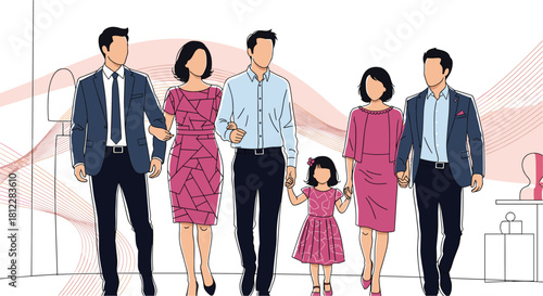 Illustration of a large multi-generational family with parents grandparents and a child dressed in formal attire walking together.
