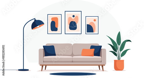 Modern living room interior featuring a comfortable sofa, decorative abstract wall art, a stylish floor lamp, and a vibrant green plant.