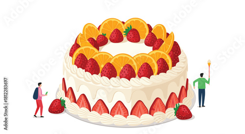 Festive occasion featuring a magnificent white cake generously topped with fresh strawberries and vibrant orange slices, with tiny figures nearby.