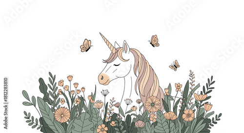 An enchanting illustration of a peaceful unicorn with a flowing pastel mane, surrounded by blooming flowers and graceful butterflies in a dreamy garden.